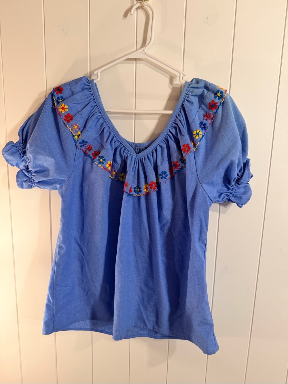 Blue Floral-Embroidered Ruffle Neck Women's Blouse